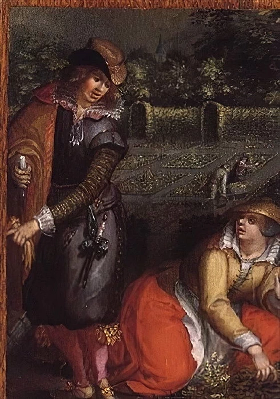 Un elegante gentiluomo e una donna in un giardino